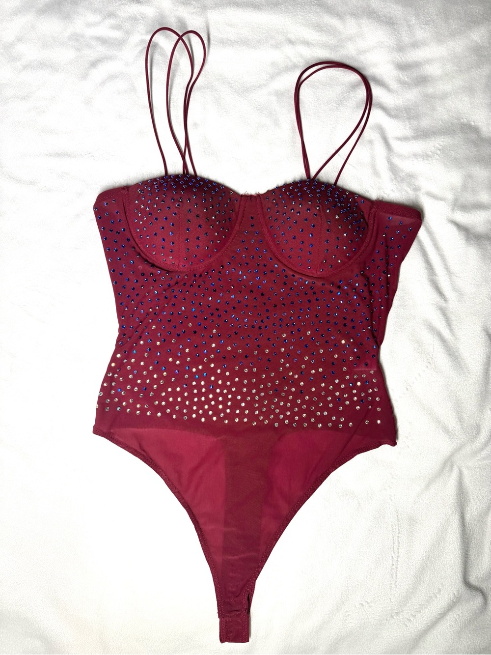 Wine Red Rhinestones Bodysuit